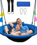 Man and child on Blue 48 Inch Saucer Tree Swing With Straps, Heavy Duty 600 Lb Weight Capacity, Outdoor Backyard Playground Swing