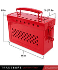 Red Lockout Tagout Group Box For OSHA Compliant LOTO Procedures, Heavy Duty 18 Gauge Steel Lock Box with dimensions labeled