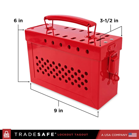 Red Lockout Tagout Group Box For OSHA Compliant LOTO Procedures, Heavy Duty 18 Gauge Steel Lock Box with dimensions labeled