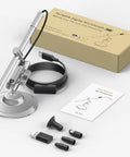 USB C Digital Microscope For Dope Close Ups With 10X To 200X Zoom, silver handheld camera on rotating metal stand, box and accessories