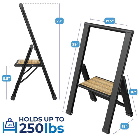 One Step Folding Ladder For Home Office Kitchen And Studio Use Ultra Slim Bamboo And Black Aluminum Step Stool