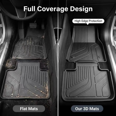 Comparison of Straight Up Hella Durable Floor Mats For Tesla Model Y, showing high edge protection and full coverage design.
