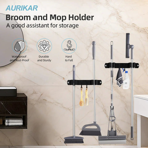 Stainless Steel Broom Holder Wall Mount 2 Pack Heavy Duty Mop Organizer With 2 Slots And 2 Hooks for Home Kitchen