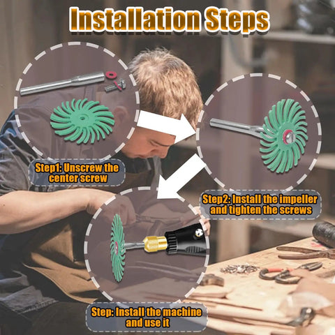 Pro Grade 42 Piece 1 Inch Radial Bristle Disc Kit With One Eighth Inch Shank installation steps for rotary tool.