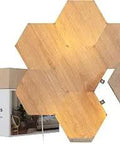 Wood Look Hexagon LED Wall Light Panels Kit For Living Room Smart Ambient Lighting With Music Sync Touch Control displayed