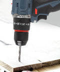 Close-up of No Sweat Brushless Cordless Drill Kit delivering 1500 RPM speed and 45 Nm torque, drilling into wood.