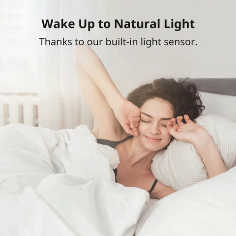 Woman waking up to open curtains controlled by Smart Curtain Motor With Wireless App Control And Timers Works With Alexa Google Home And IFTTT Hub Ready For Smart Home Setup Rod20 Version White Easy No Tool Installation For Smooth Sliding