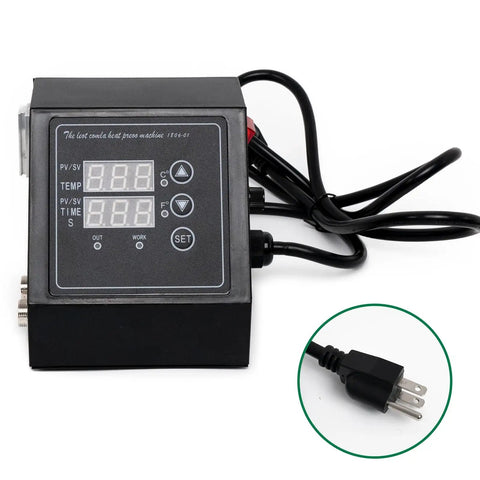Close-up of 1400W Heat Press Powerhouse With K Type Temperature Controller and LED Time Display with power plug detail