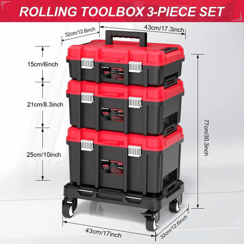 Front view of 3 In 1 Rolling Tool Box On Wheels With Stackable Modular Organizer System 17 Inch Portable Waterproof Toolbox