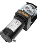Heavy Duty Electric Winch 12 Volt 3000 Lbs Capacity With Powerful 1KW Motor For Ultimate Off Road Towing And Self Rescue On Trucks And Jeeps, close-up view of motor and cable.