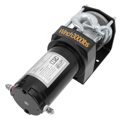 Heavy Duty Electric Winch 12 Volt 3000 Lbs Capacity With Powerful 1KW Motor For Ultimate Off Road Towing And Self Rescue On Trucks And Jeeps, close-up view of motor and cable.