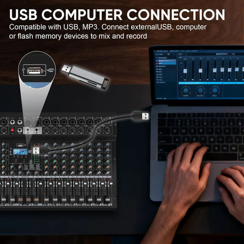 Person connecting laptop to 16 Channel Pro Audio Mixer For Live Sound And Studio DJ Performances With Bluetooth USB Recording 99 DSP Effects 48V Phantom Power Built In Reverb MP3 Player And Easy Karaoke Setup via USB