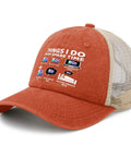 Spare Time RV Camper Golf Hat With Adjustable Back Buckle, orange front with mesh back, illustrated RV-themed design.