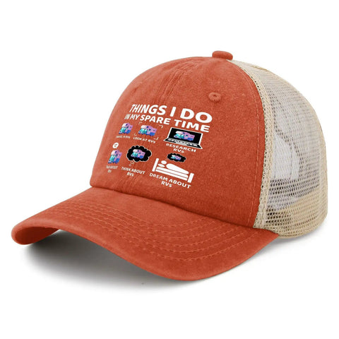 Spare Time RV Camper Golf Hat With Adjustable Back Buckle, orange front with mesh back, illustrated RV-themed design.