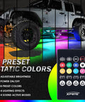 Jeep with Dope Underglow LED Light Kit 8 preset colors shown with remote