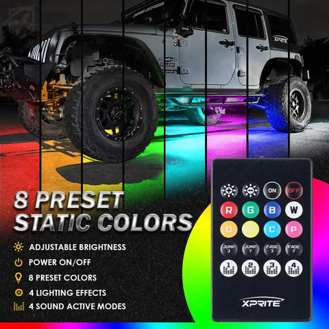 Jeep with Dope Underglow LED Light Kit 8 preset colors shown with remote