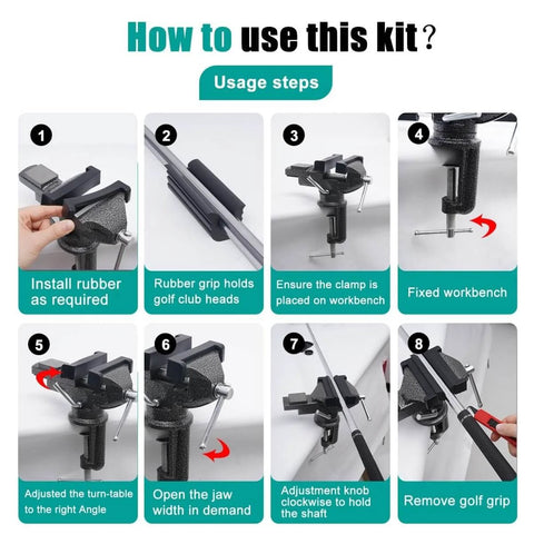 Instructions for using the All-In-One Golf Grip Removal And Regrip Kit With 360 Degree Swivel Table Vise and accessories.