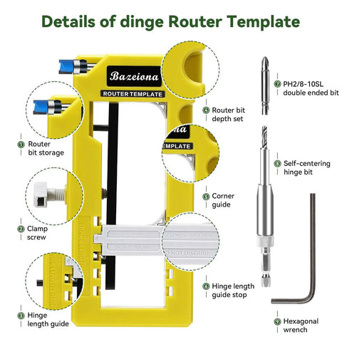 No Sweat Door Hinge Jig And Router Mortiser Guide features router bit storage and depth set for precision cabinet projects.