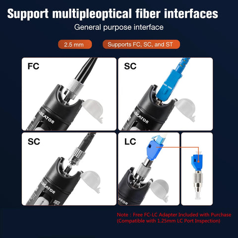 Visual Fault Locator fiber optic tester with red light; FC, SC, and LC connectors.