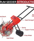 Hand Push Roller Seeder Manual Seeder Machine with metal mouth, seed storage box, and rubber handrail for row crop planting.