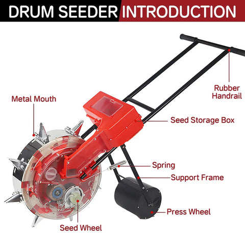 Hand Push Roller Seeder Manual Seeder Machine with metal mouth, seed storage box, and rubber handrail for row crop planting.