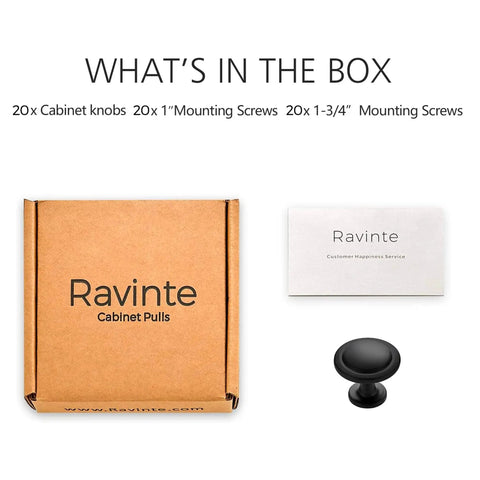 Box content of 20 Pack 1-1/4 Inch Matte Black Zinc Cabinet Knobs For Kitchen Cabinets, Dresser Drawers, and Furniture Doors shown with screws.