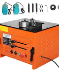 Heavy Duty Electric Rebar Bender With A Beastly 3000W Motor That Knocks Out Steel Rods Fast Offers Hassle Free Zero To One Eighty Angle Adjustments And A Smooth Foot Pedal For Boss Level Jobsite Efficiency, orange body with controls and accessories.