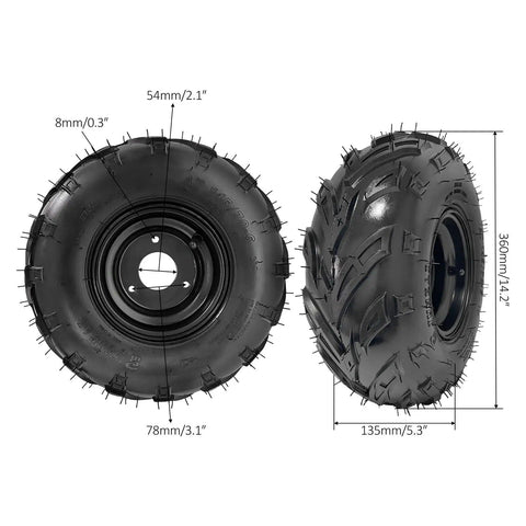 Two 6-inch wheel tires from a 32 Inch Rear Axle Kit For Go Karts And Drift Trikes With 6 Inch Wheel Tires Brake Assembly And Steering Rack For DIY Build Of ATVs Quads Golf Carts Drift Trikes And Electric Vehicles, showing detailed measurements.