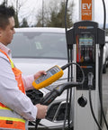 Heavy Duty Electric Vehicle Charging Station Analyzer With Type 1 Plug for Knockout AC Diagnostic Testing in use at a charging station.