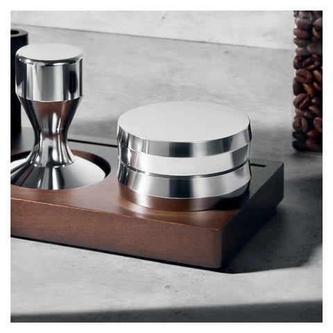 Next Level 58.5Mm Espresso Distribution Tool And Coffee Leveler on a wood base, showcasing sleek stainless steel design.