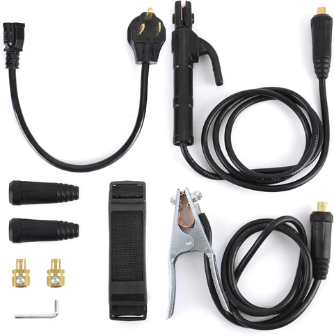 Welder accessory kit for Portable 110V DC Inverter Stick Welder with cables, clamps, and connector parts on white background.