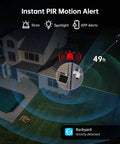 Dual Lens Solar Wireless Outdoor Security Camera With 2K Plus 2K Dual View, highlighting PIR motion alerts near a house.
