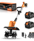 Cordless Electric Tiller Cultivator With 21V Battery, Dual 4.0Ah Pack, 9In Tilling Width, 6.6In Depth, 360RPM Power, 48 Blades