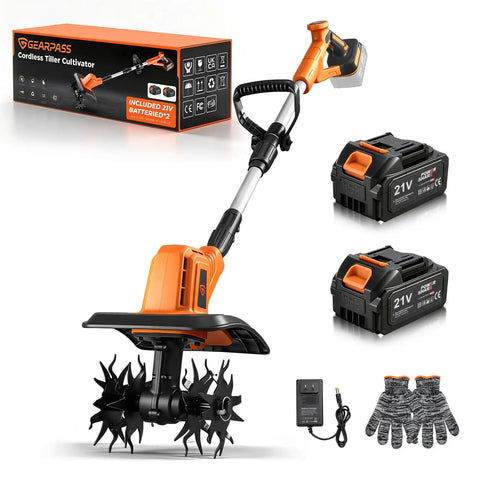Cordless Electric Tiller Cultivator With 21V Battery, Dual 4.0Ah Pack, 9In Tilling Width, 6.6In Depth, 360RPM Power, 48 Blades