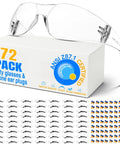 Heavy Duty Clear Safety Glasses 72 Pack Loaded With 72 Silicone Ear Plugs NRR 25DB ANSI Z87 1 Certified in a box with multiple glasses displayed.