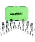 32 Piece Hex Bit Socket Set With SAE And Metric Sizes For Quarter Inch, Three Eighth Inch, And Half Inch Drive in green case