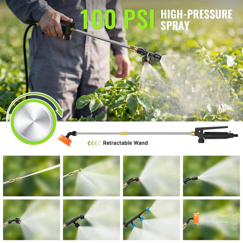 Person using Battery Powered Backpack Sprayer 5.3 Gallon 20L With 21V Battery And 100 PSI Electric Garden Sprayer, showing spray nozzle and wand.