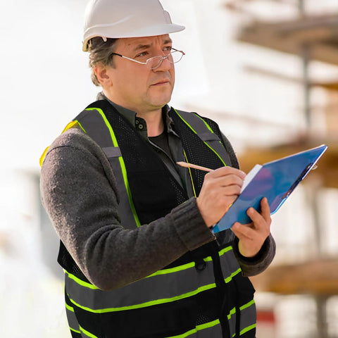 Top Shelf Seven Pocket Mesh Safety Vest In Matte Black For Active Crews Featuring Fly Airflow Polyester worn by a man writing notes.