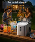 Front view of EUHOMY stainless steel countertop ice maker with clear lid, ice inside, and side handle