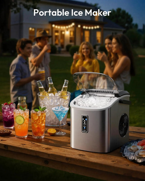 Front view of EUHOMY stainless steel countertop ice maker with clear lid, ice inside, and side handle