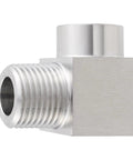Stainless Steel 304 90 Degree Street Elbow 1 Quarter Inch MNPT To 1 Quarter Inch FNPT Pipe Fitting, close-up view showing thread detail.