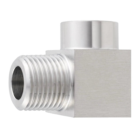 Stainless Steel 304 90 Degree Street Elbow 1 Quarter Inch MNPT To 1 Quarter Inch FNPT Pipe Fitting, close-up view showing thread detail.