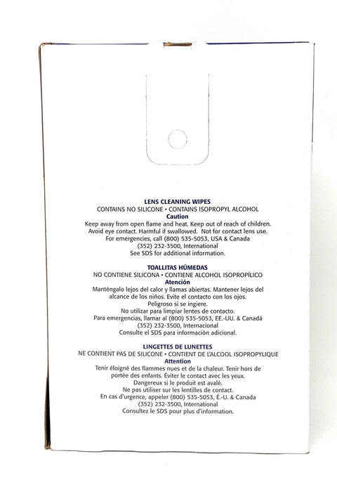 Back view of white Leader Lens Cleaning Towelette Dispenser box with multilingual warnings and instructions