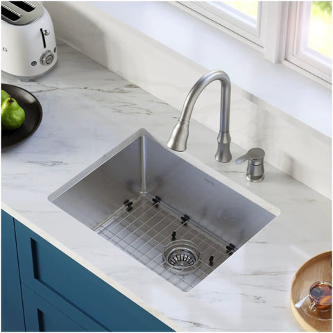 Hillwood Single Handle Two Hole Kitchen Faucet With Pull Down Sprayer Chrome Finish installed on a marble countertop