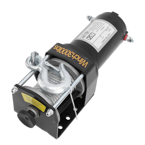 Close-up of Rock Solid 3000 Pound Electric Winch For Trailers And Trucks With Steel Rope and Rustproof Planetary Gear.