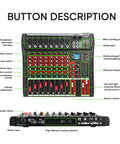 Front and rear view of 8 Channel DJ Audio Mixer With Bluetooth 5.0, USB Recording, MP3/USB Playback, Built-In Reverb, 48V Phantom Power, LED Display