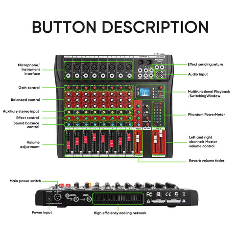 Front and rear view of 8 Channel DJ Audio Mixer With Bluetooth 5.0, USB Recording, MP3/USB Playback, Built-In Reverb, 48V Phantom Power, LED Display