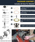 Oil Free Air Compressor Rebuild Kit With Cylinder Sleeve And Compression Ring For Craftsman DeVilbiss Porter Cable DeWalt Units Built Tough With Universal Fit Replacement Parts For Single Or Twin Cylinder Pumps shown with labeled parts diagram and kit contents