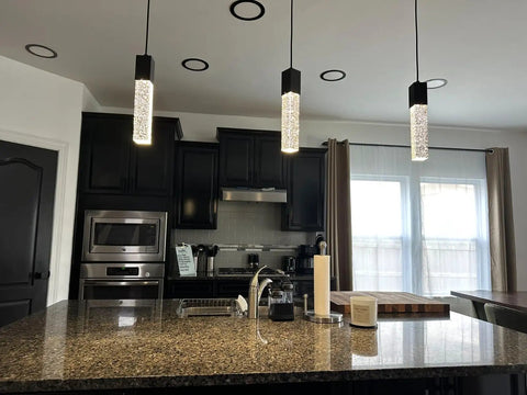 Mini Integrated Hanging Crystal Pendant Lights For Kitchen Island Black 3 Pack Modern Yet Simple Ceiling Light Fixture Dimmable With LED Bulbs Ideal For Kitchen Dining Room Bedroom Hallway UL Listed over a kitchen island