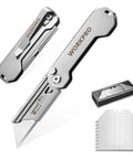 WorkPRO 2-pack stainless steel folding utility knives with belt clip, quick-open axis lock, includes 10 extra blades.